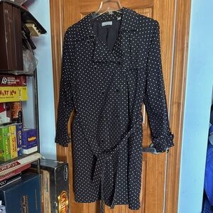 Kate Hill black and white polka dot belted light weight black light weight coat